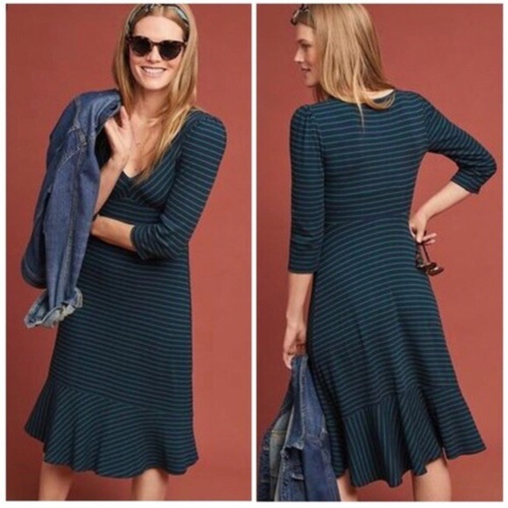Maeve Teal and Black Striped Midi Dress